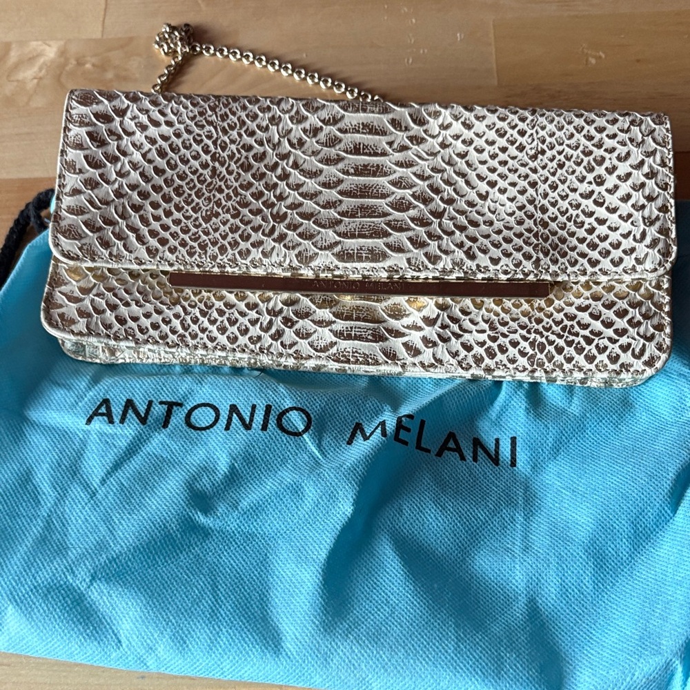 ANTONIO MELANI Cream and Brown Snake Pattern Clutch